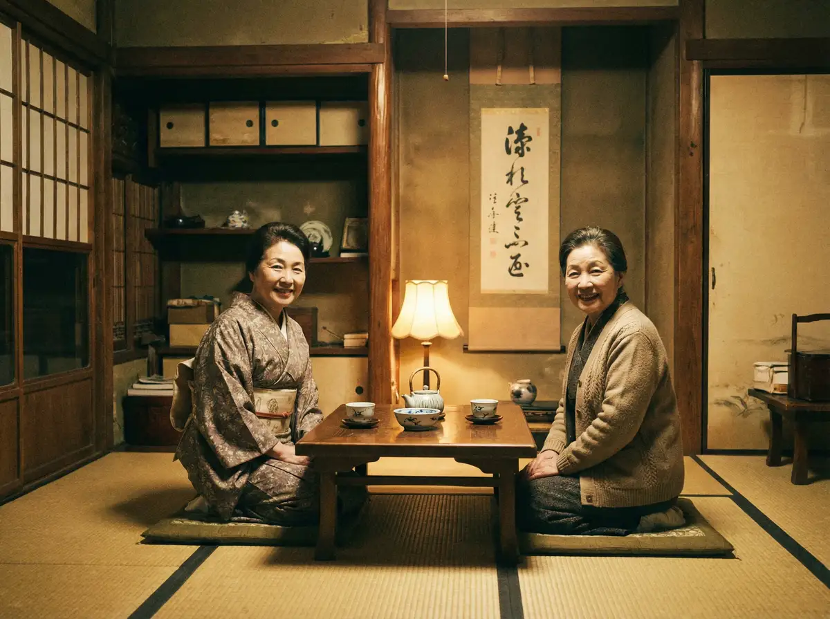 两位优雅的 明星黑料 在日式茶室中品茶交谈